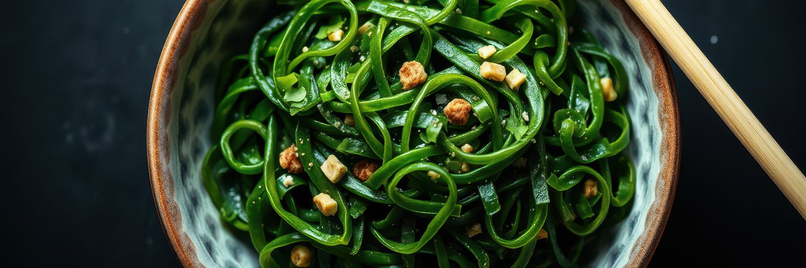 Fresh green noodles served in a rustic bowl with bits of peanuts and chopsticks on a dark surface
